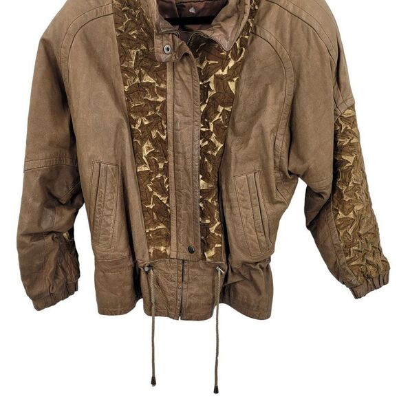 Vintage Alamo Uomo Leather Bomber Jacket L Cognac Crinkle Gold Dolman Cinched - Picture 5 of 15